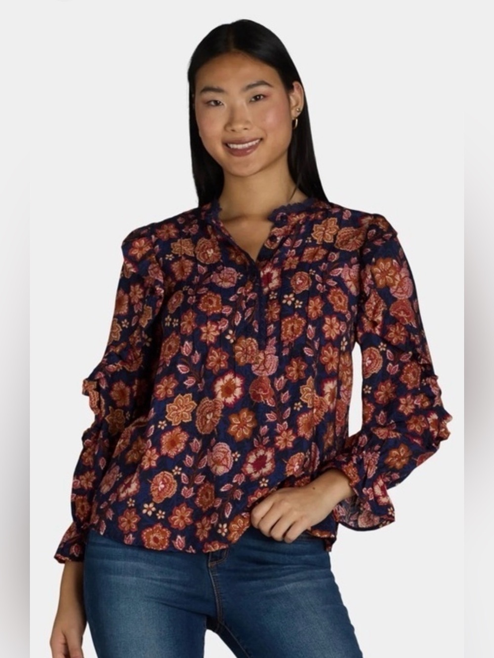 The Pioneer Woman XL Floral Pleated Ruffle Henley Blouse Boho NWT